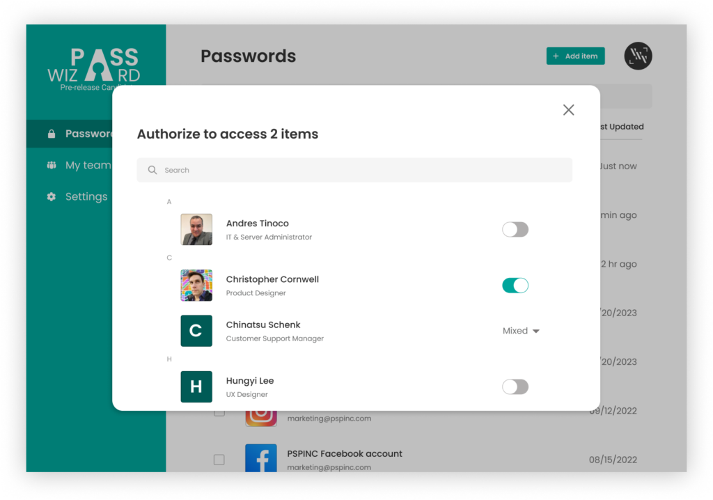 ▲ When users have different access to multiple password