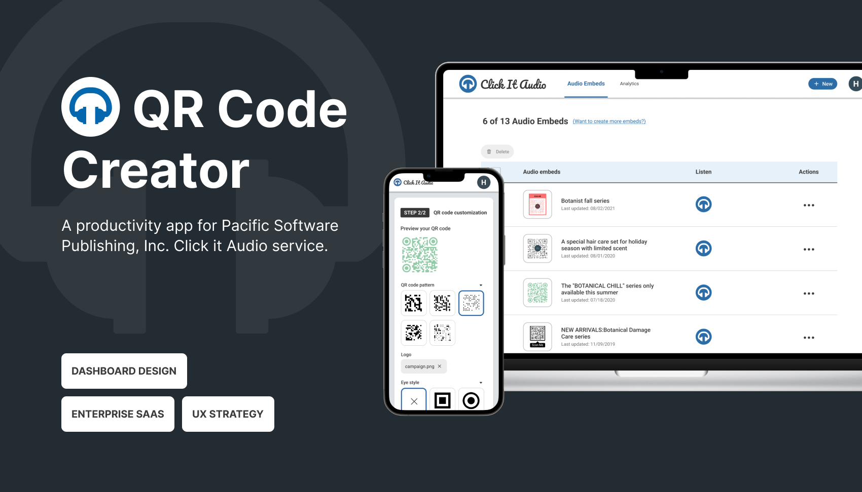 Redesigned Click it Audio: optimize the QR code generation dashboard